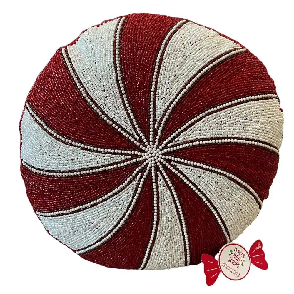 Beaded Christmas Peppermint Candy Pillow 15in Holiday Decor by Peppermint Square